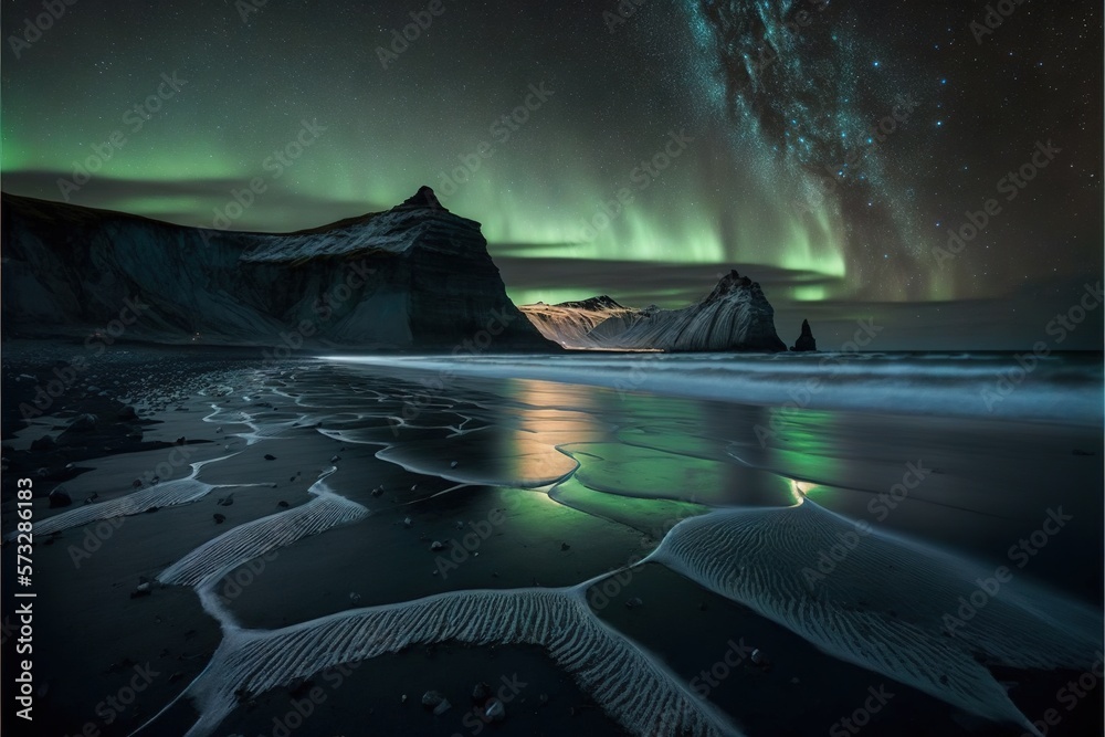 Amazing northern lights against the backdrop of mountains and the sea AI