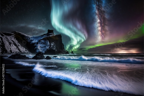 Amazing northern lights against the backdrop of mountains and the sea AI © Terablete