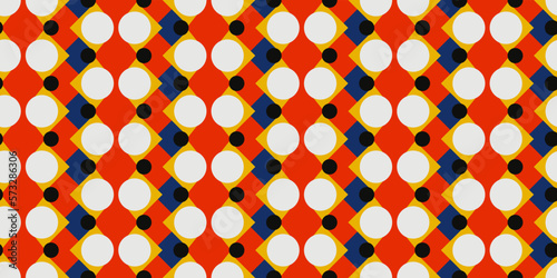 Red-white bright primitive pattern of circles and rhombuses. Print seamless and vector for fabric, textile, pillows, notebooks, packaging, interior, design.