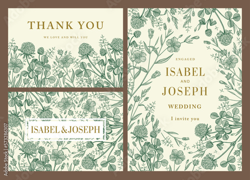 Clover Linum Flax isolated floral. Thank You. Wedding invitation baroque Frame. Beautiful blooming realistic flowers. Vintage greeting card. Drawing engraving. Wallpaper Vector victorian illustration