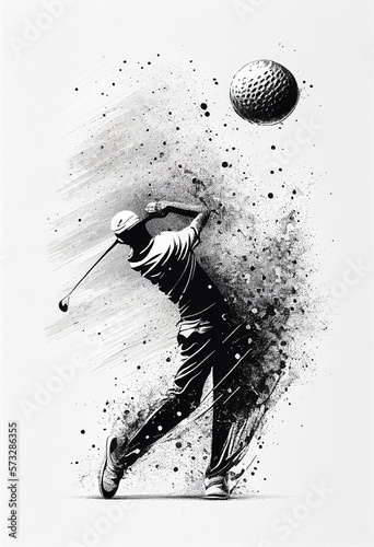Dynamic golf sport ball, player in background,  monochrome ink drawing illustration on white background, vertical tournament poster. Generative AI