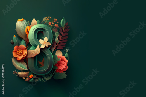 Women's day celebration background, 8 march, number on green decorated with flowers and plants leaves, copy space. Generative AI illustration photo