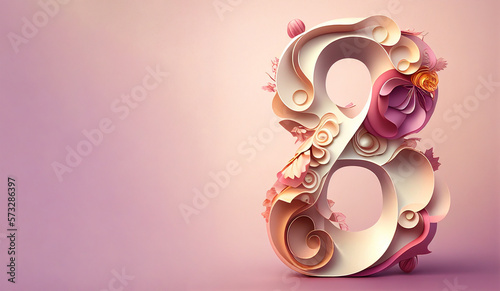 Women's day celebration background, 8 march, number eight on pink decorated, horizontal copy space. Generative AI illustration