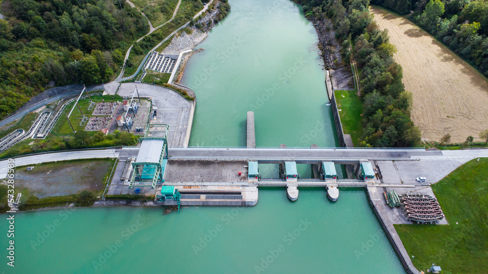 Aerial view of the water power plant Endling at the river Drau