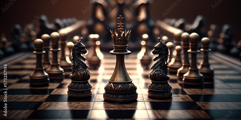 Chess piece on chessboard, competition success and strategy game play,  design created with Generative Ai Stock Illustration