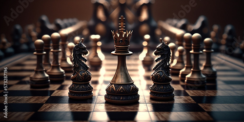 Foto Chess piece on chessboard, competition success and strategy game play, design cr