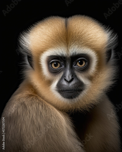 Generated photorealistic portrait of a capuchin on a black background