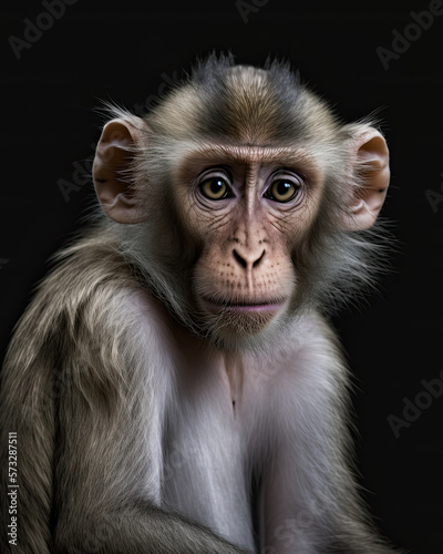 Generated photorealistic upright portrait of a monkey on a black background