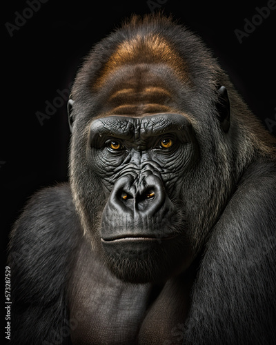 Generated photorealistic upright portrait of a gorilla