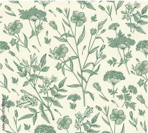 Seamless pattern Linum Flax Jasmine Hemlock tree wildflowers. Beautiful fabric blooming realistic isolated flowers Vintage background Wallpaper baroque. Drawing engraving Vector victorian illustration