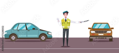 Policeman character guard standing with traffic light concept. Vector graphic design illustration element