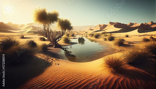 liminal lush grass oasis in the middle of an infinite desert, AI Generated photo
