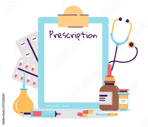 Medical prescription paper medicine doctor pharmacist physician concept. Vector cartoon graphic design element illustration