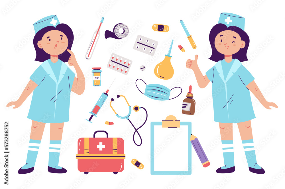 Hospital doctor cartoon cute nurse children play toy concept set. Vector cartoon graphic design element illustration Hospital doctor cartoon cute nurse children play toy concept set. Vector cartoon graphic design element illustration