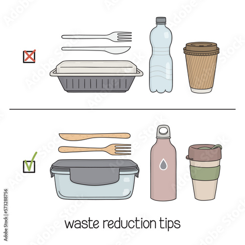 Waste reduction tips. Choice of reusable items for lunch instead of disposable ones. No single-use plastic, Eco-friendly living, Zero waste lifestyle concept