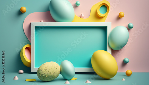 Bright Blue Easter background template with Easter eggs - Greetings and presents for Easter Day - Copy Space - Generative AI