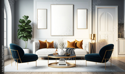 A contemporary living room is the backdrop for a mockup blank poster frame on the wall of a luxurious apartment  showcasing modern interior design