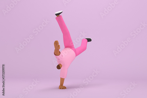 The black man with pink clothes.   He is doing exercise.  3d rendering of cartoon character in acting.