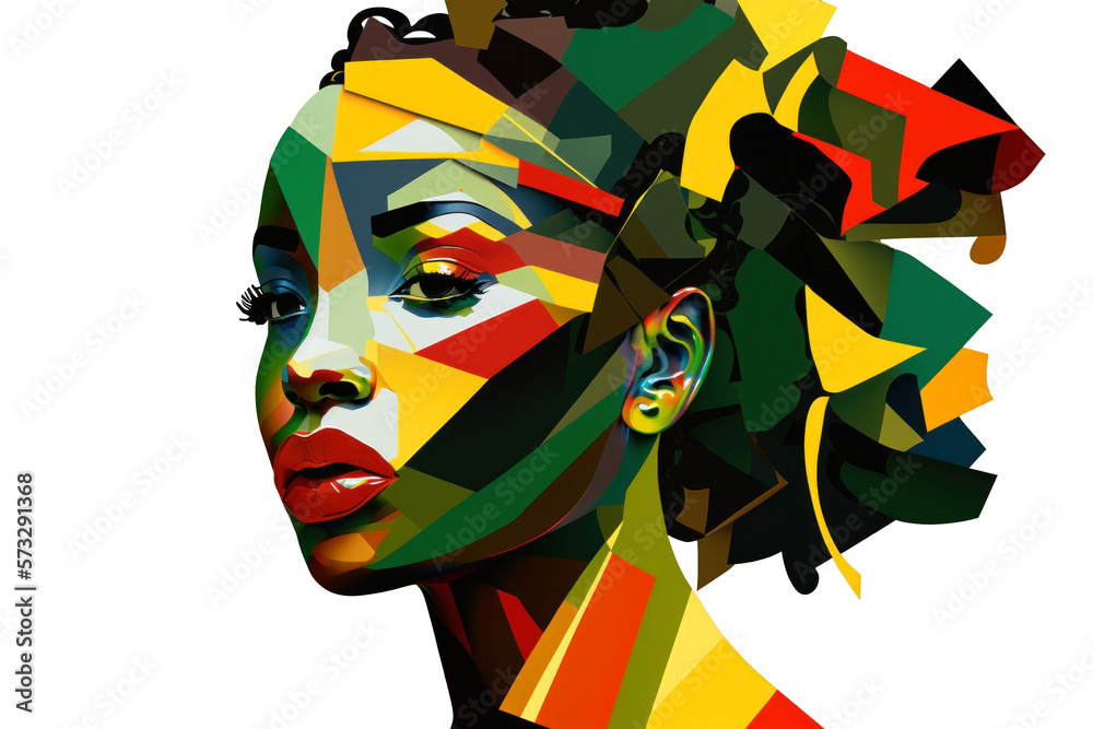Abstract Black female portrait with Black history month red, green and yellow colors. Generative ai