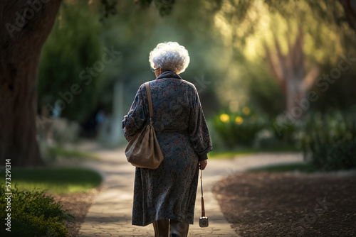 Alone grandmother on her back walking through the park. generate  AI © MoniStock