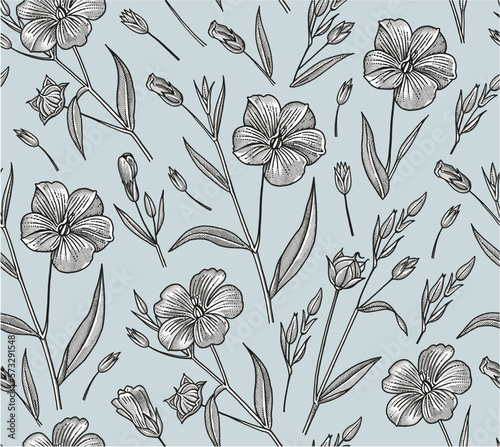 Seamless pattern Linum Flax wildflowers. Beautiful fabric blooming realistic isolated flowers Vintage background Wallpaper baroque. Drawing engraving Vector victorian illustration