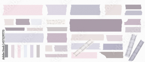 Washi tapes. Semi-transparent pieces of ribbons. Blue, purple, lavender colors of pieces of washi tape with torn edges. Set of adhesive scrapbooking ribbons isolated on a transparent background.