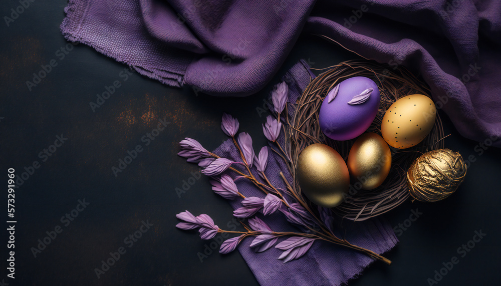 Naklejka premium Dark Blue, Easter background template with Easter eggs - Greetings and presents for Easter Day - Copy Space - Generative AI