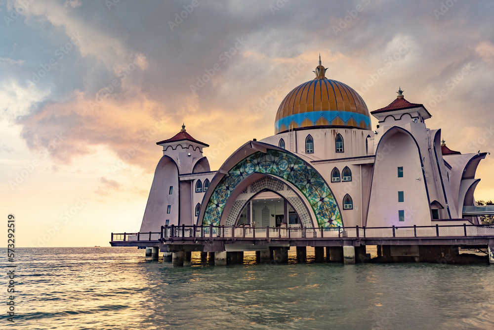 Melaka Straits Mosque Masjid Selat Melaka at sunset light Melaka Malaysia