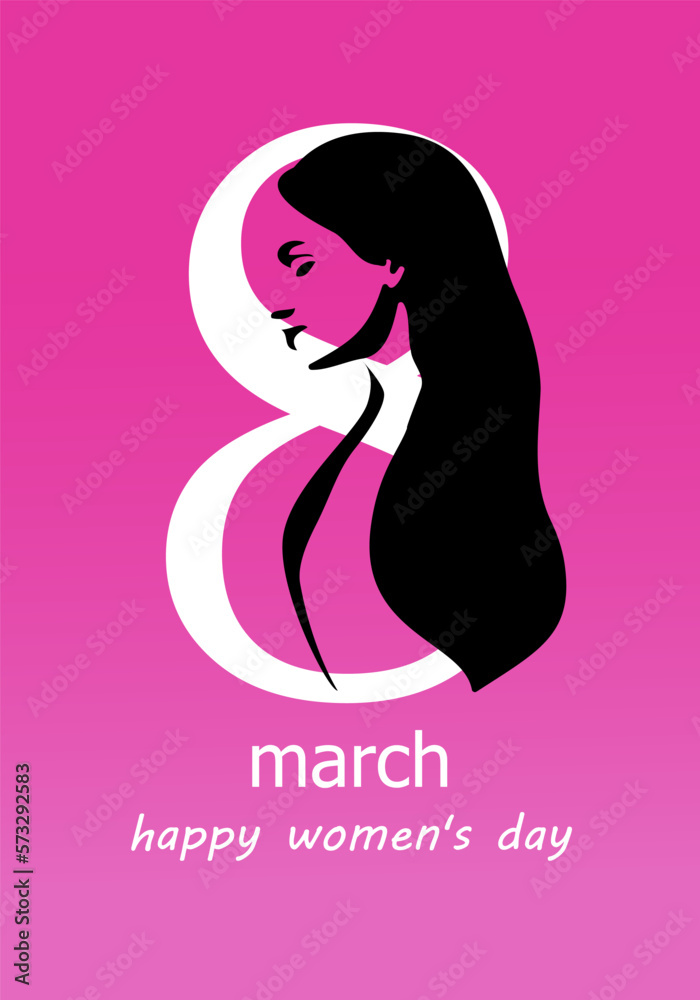 The holiday is March 8. Postcard from March 8. Women's day pink background with woman silhouette. Happy women's day