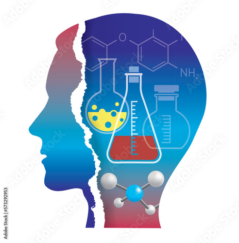 Student of Chemistry,biochemistry, torn paper silhouette.
Male head stylized silhouette with Chemistry symbols and formulas. Isolated on white background. Vector available.