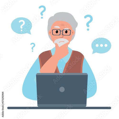Elderly man is working on laptop and thinking. Computer education for retired people. Older generation problems using technology. Vector illustration on white background.