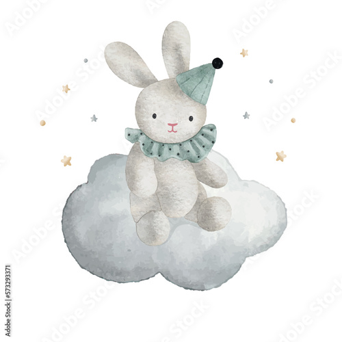 Cute bunny on the cloud with little stars, watercolor vector illustration.