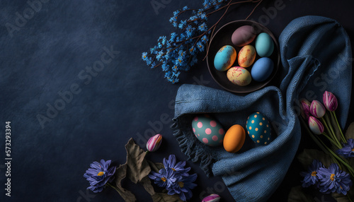 Dark Blue Easter background template with Easter eggs - Greetings and presents for Easter Day - Copy Space - Generative AI