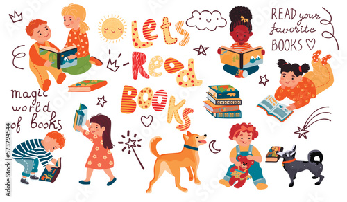 Collectionof kids book readers. Happy girls and boys, hand written quotes,lettering,dogs,sun and doodle elements.Vector clip art set  on white.Education generation by reading concept.Flat illustration
