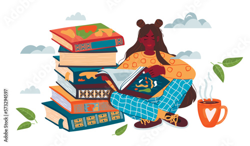 Seated woman reading books. Female character in clothes with prints and stack of books ,cup of coffee, clouds and leaves.Vector clip art set isolated on white.Readers concept.Cartoon flat illustration