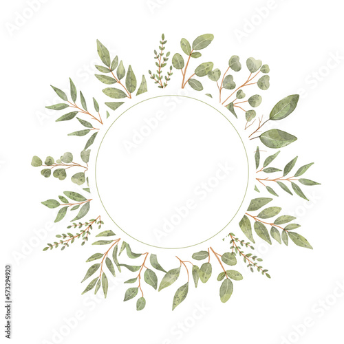 Vector round frame with watercolor leaves on white background in pastel colors.