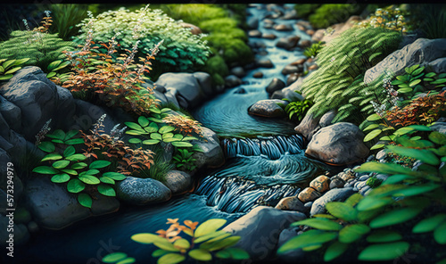 A babbling brook surrounded by lush green foliage