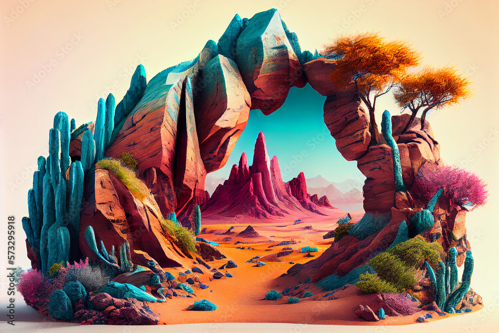 Fototapeta premium Beautiful fantasy landscape with rocky outcropping and distant mountains, generative ai