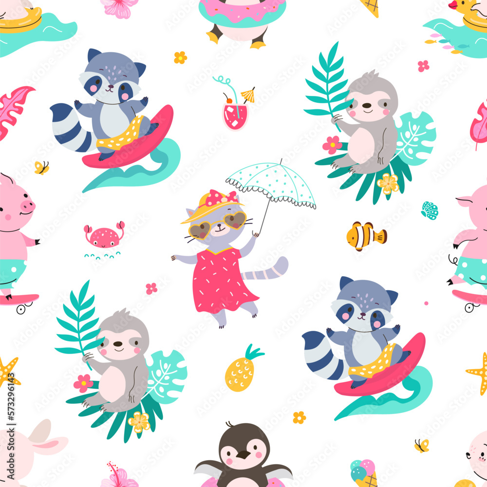 Fototapeta premium Animals summer seamless pattern. Children animal seasonal background. Decorative baby cloth print with cute raccoon surfer and sloth, nowaday vector template