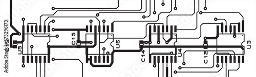Microcircuits on a printed circuit board. Assembly drawing. Placement of electronic components  conductors and adapter holes on the pcb.