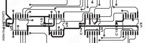 Microcircuits on a printed circuit board.
Assembly drawing. Placement of electronic components,
conductors and adapter holes on the pcb.