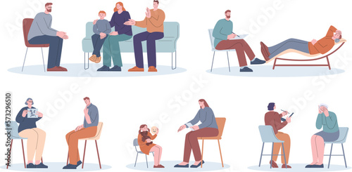 Psychotherapy scenes with psychologist and depression patient. Psychology support, mental social help. Counseling therapy in office kicky vector characters