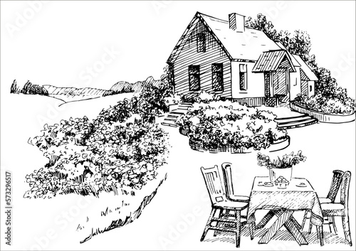 House portrait illustration. Pen sketch converted to vectors. An image of the architecture of a private estate.
