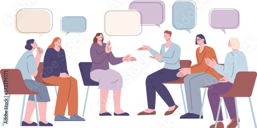 Therapy for stressed group and support club. Discussion circle woman and man. Psychotherapy session in team, counseling kicky vector scene