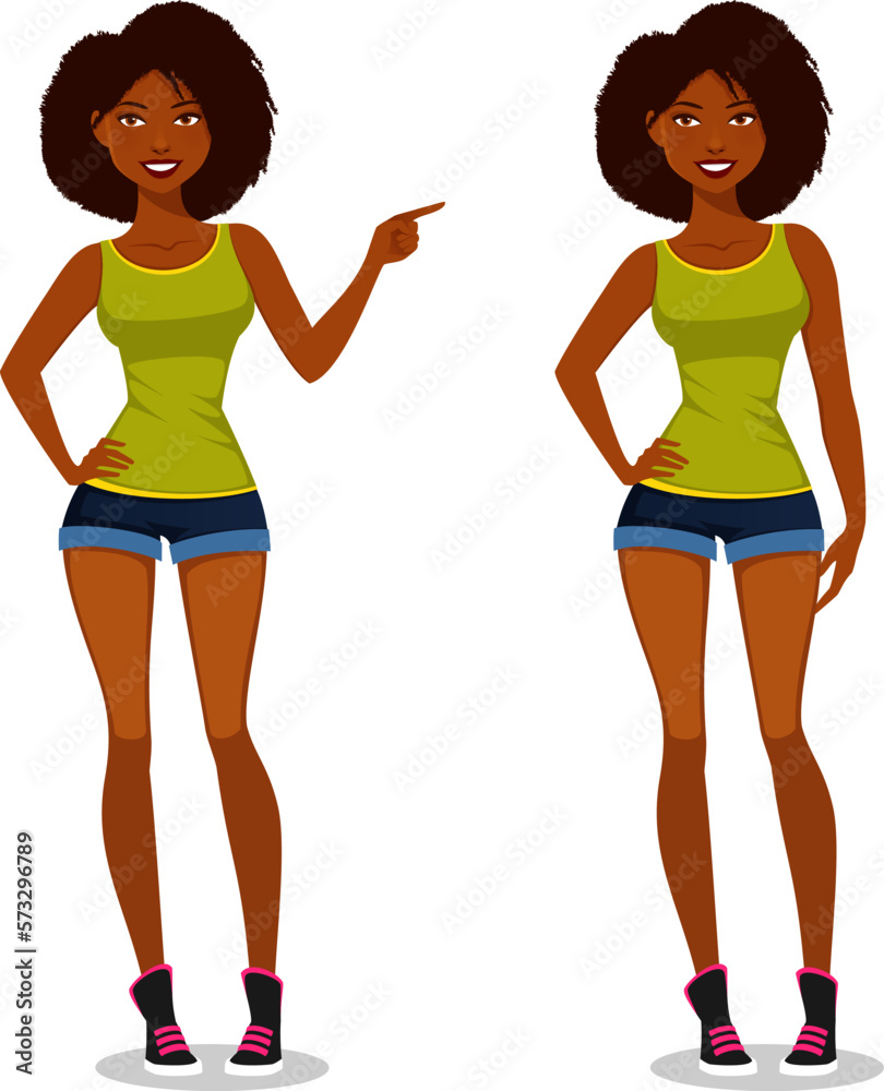 Beautiful Black Girl In Jean Shorts Smiling And Standing With Her Hand Beautiful Black Girl In Jean Shorts Smiling And Standing With Her Hand
