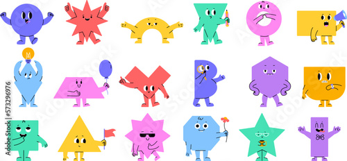 Kids geometric characters with eyes. Basic style figure, square triangle, polygonal and circle. Funny character thinking, preschool education snugly vector graphic