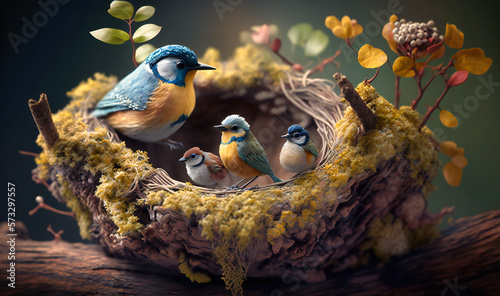 A family of birds building a nest in a tree photo
