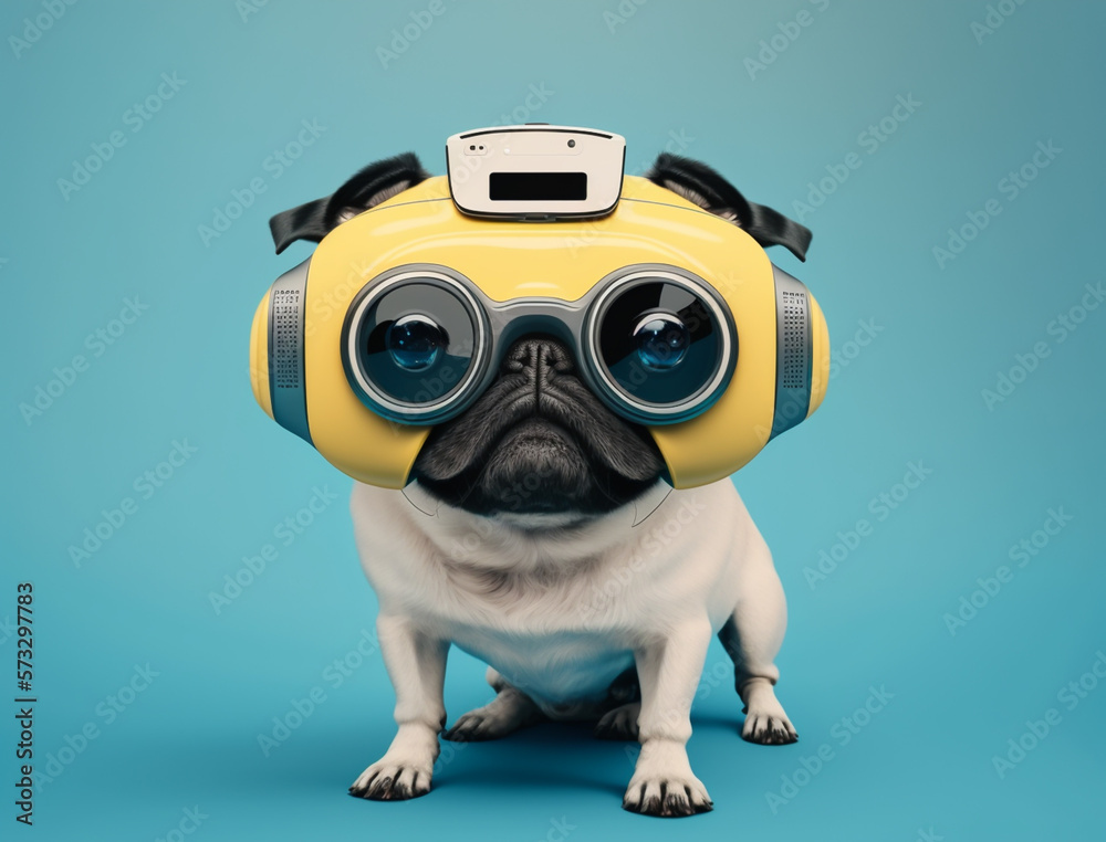 Robot pug dog wearing a VR headset and experiencing virtual reality simulation, metaverse and cyberspace.