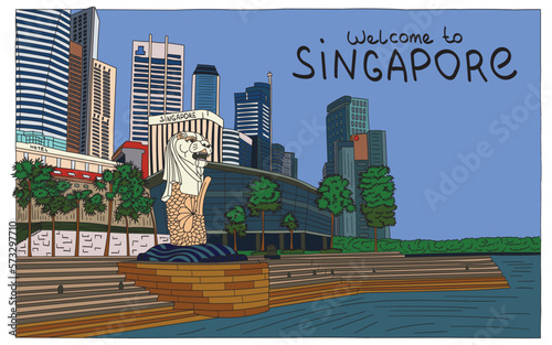 Singapore city skyline at Marina Bay, Merlion one of landmark Singapore, vector design