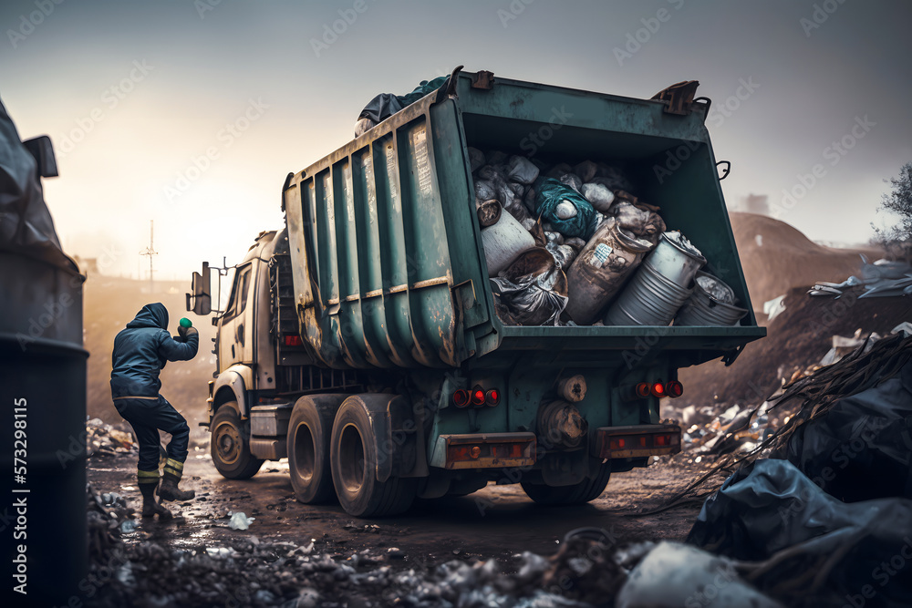 Landfill waste disposal. Industry garbage truck unloads rubbish in dump. Concept environmental